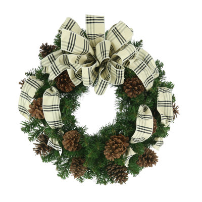 Quint Evergreen Wreath with Pinecones and Ribbon