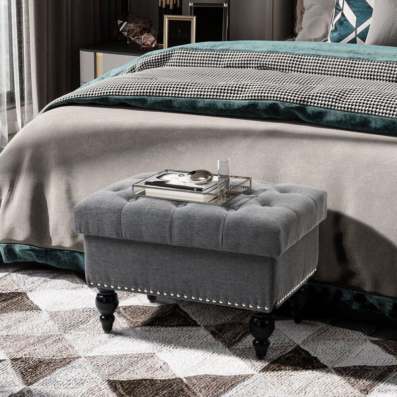 Bouton en lin gris avec couvercle amovible, banc de 25 po pour repose-pieds et siège, garniture cloutée