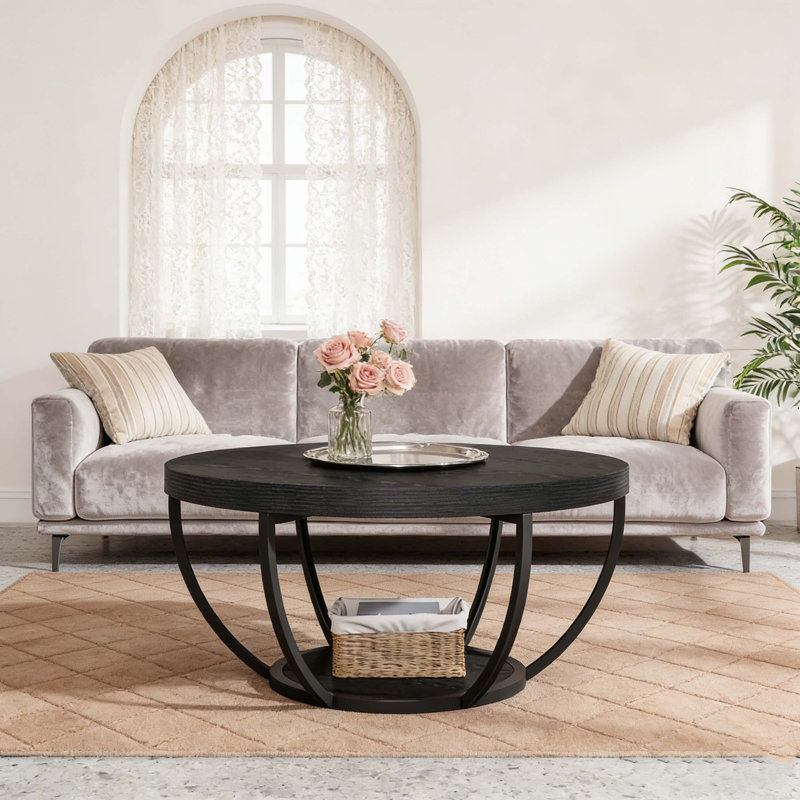 2-Tier Round Wooden Central Cocktail Table With Shelves, Black