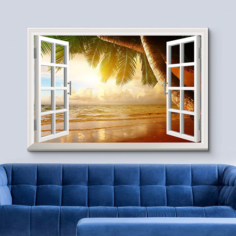 Fenêtre, paysage, bord de mer et palmier sous un soleil éclatant - impression sur toile tendue