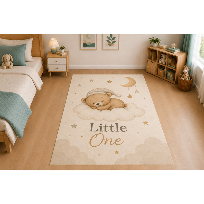 Tapis « Ultra Fin » 152 x 213 cm « Petit Ours en Peluche et Lune » pour chambre d'enfant, chambre à coucher, salon et bureau à domicile, moquette douce à poils courts avec envers antidérapant en silicone