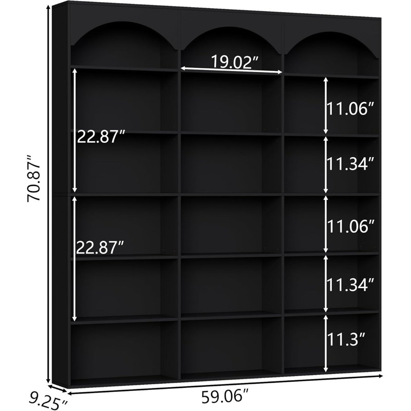 Triple Wide Bookcase 71''X 59''X 9.25'', Black
