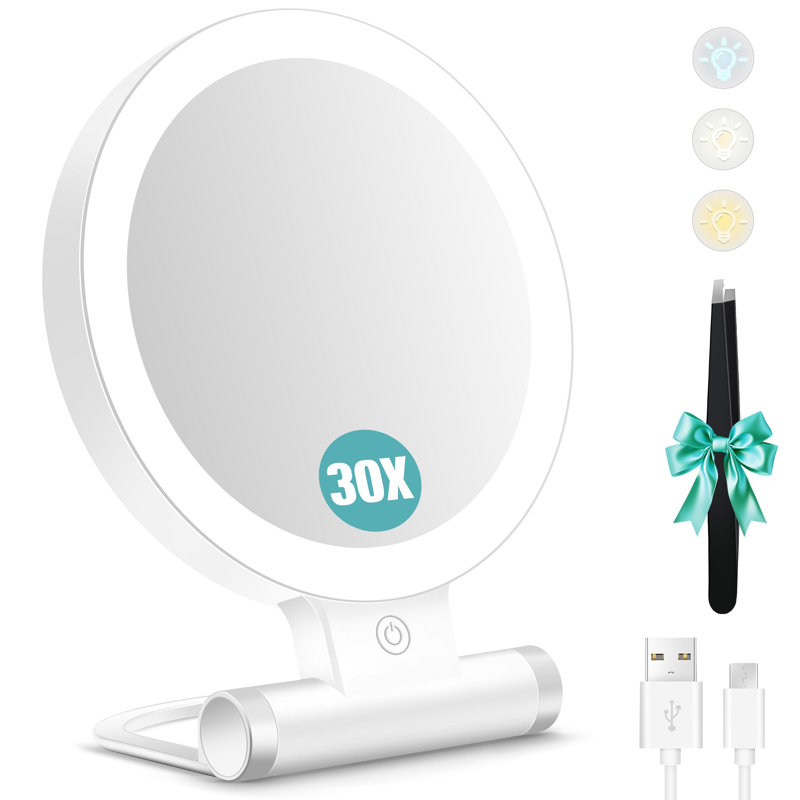 Magnifying Mirror With Light 30X, Double-Sided 1X/ 30X Magnifying With Tweezer, 2000Mah 3 Colour Modes With Adjustable Brightness,Foldable,(White)
