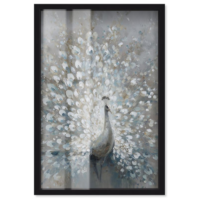 White Peacock I Shadowbox Print Vintage Wall Decor by Art Remedy, Black Frame, 17 x 25