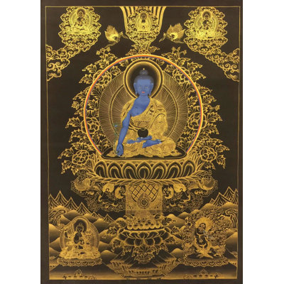 Medicine Buddha (Brocadeless Thangka) | 24 Carat Gold, Gouache & Acrylic Colors On Cotton Canvas