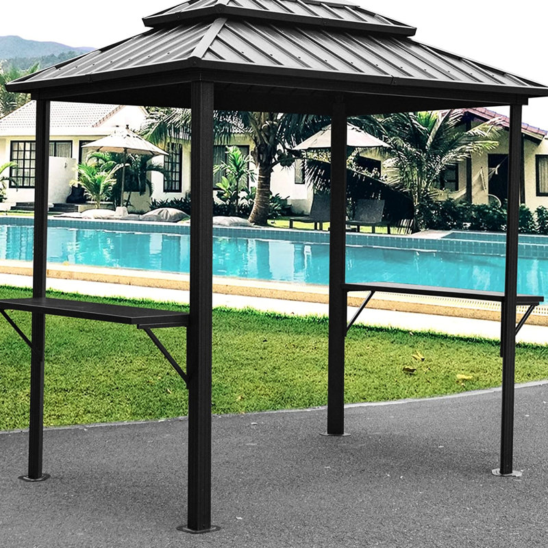 Pavillon de jardin 8 pi 6 pi avec structure en métal - double toit et tablettes pour l'extérieur