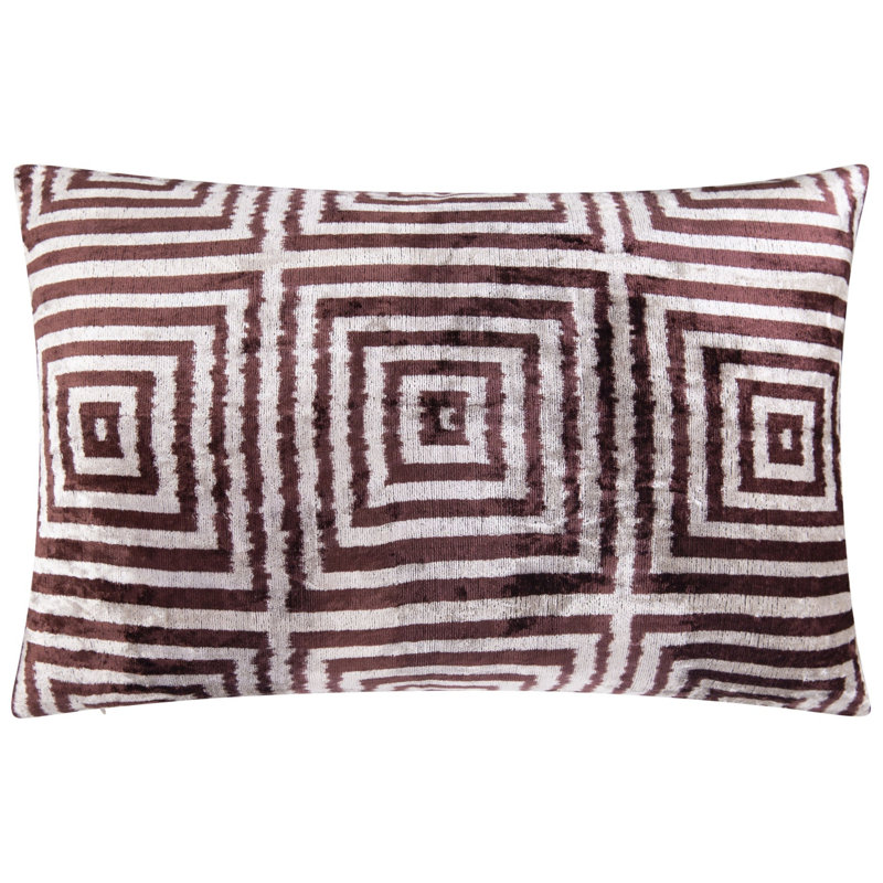Coussin décoratif en velours fait à la main - 16 po x 24 po, teint naturellement végétal, avec duvet de plumes de qualité supérieure - motif géométrique carré brun et beige, décoration de luxe