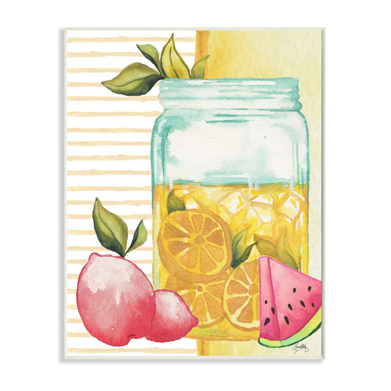 «Iced Lemonade Pitcher Abstract Pink Lemon Fruit» par Elizabeth Medley - impression d'art graphique, Plaque en bois