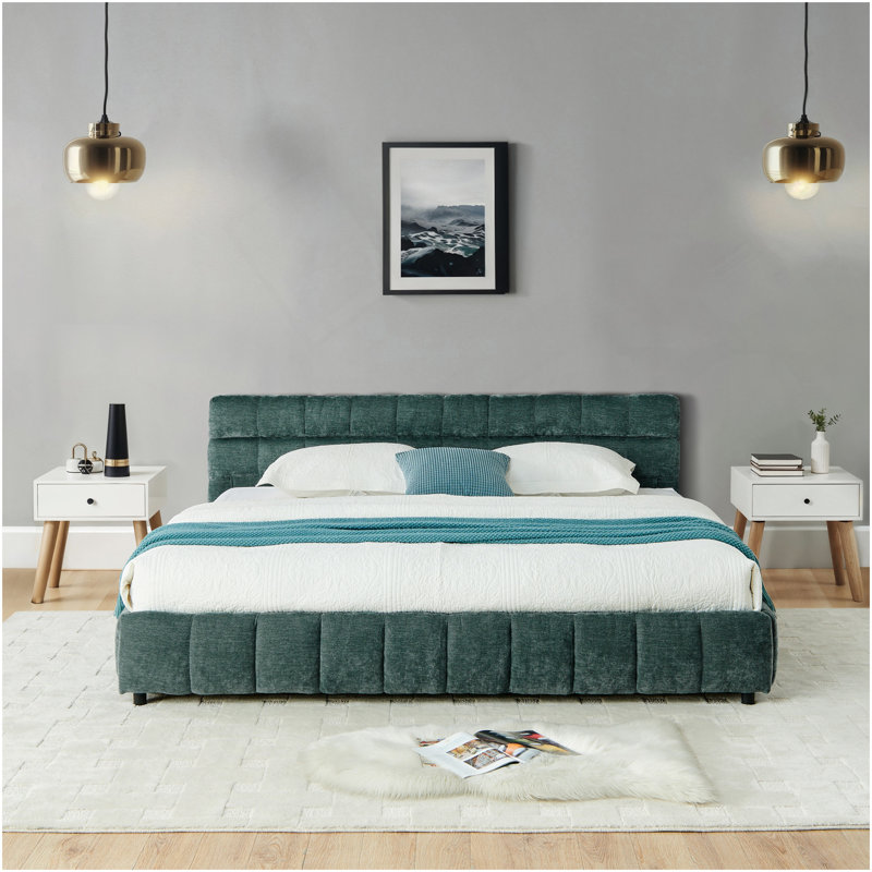 California King Size Upholstered Bed ,Comfortable Upholstered Bed Frame, Chenille Fabric, With Headboard And  Bed Frame. With Drawer For Storage.-Blue Green