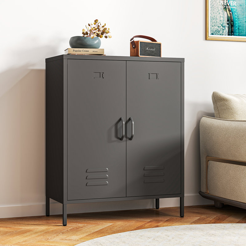 80Cm 2-Door Storage Cabinet & Metal Sideboard, Black