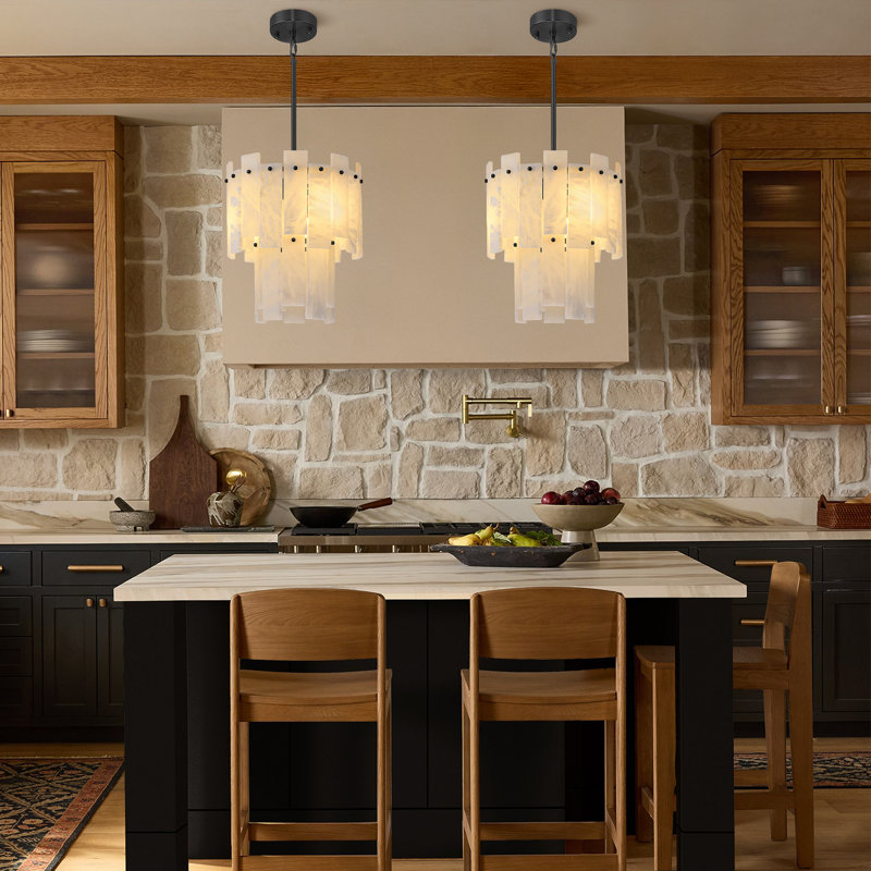 3 - Light 13" Modern 2-Tier Alabaster Pendant Light For Kitchen Island, Matte Black