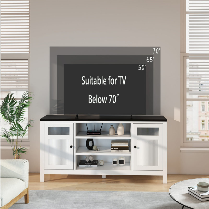 Meuble télé moderne blanc avec comptoir noir - 2 portes, rangement à deux tablettes