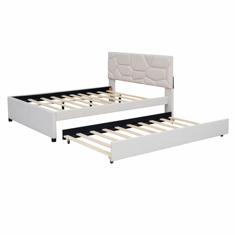 Lit élégant pour appartement, chambre d'amis, lit plateforme tapissier avec tête de lit et lit gigogne, Beige