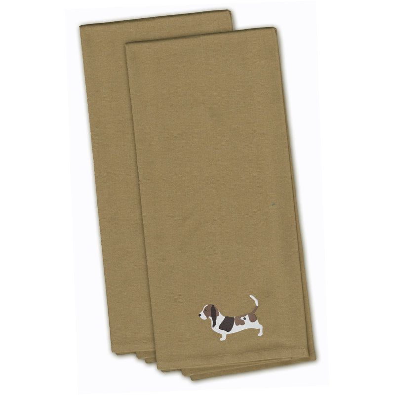 Serviette à thé de cuisine brodée basset hound, Brun clair, H 28 po x l 19 po x P 0,1 po
