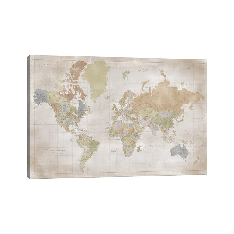 Carte du monde très détaillée - Giclée sur toile tendue avec châssis, H 12 po x l 18 po