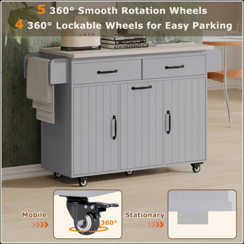 Kitchen Island With Trash Can Storage Cabinet, Kitchen Cart With Drop Leaf, Spice Rack, Towel Rack And Drawer, Rolling Kitchen Island On Wheels With Adjustable Shelf