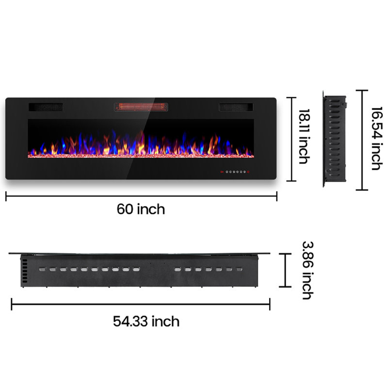 Ultra-Thin 60‘’W Electric Fireplace Insert, Wall Mounted and Recessed Heater with Remote, 18.11" H x 60" W x 3.86" D