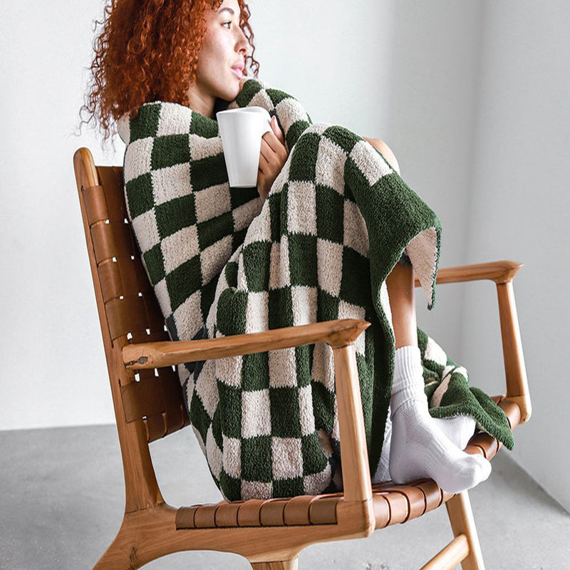 Checkerboard Knitted Throw Blanket, Moss/Sahara Tan Checkered