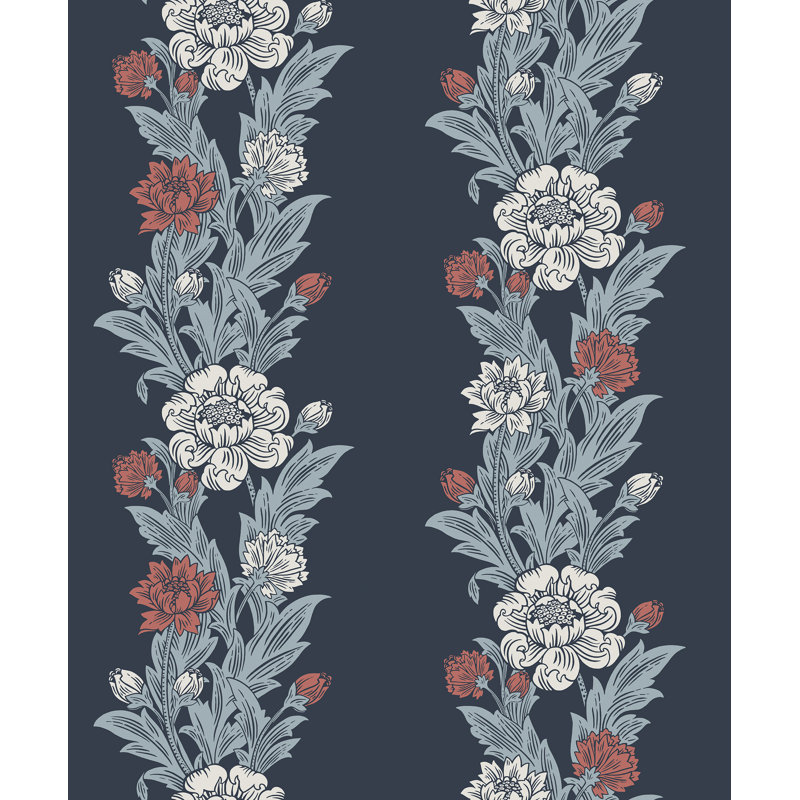 Mamadou Blooming Floral Stripe 10.05 m x 53 cm Wallpaper Roll, Navy/White/Red