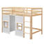 Lit mezzanine simple en bois avec garde-robe de rangement intégré et 2 fenêtres, naturel / blanc