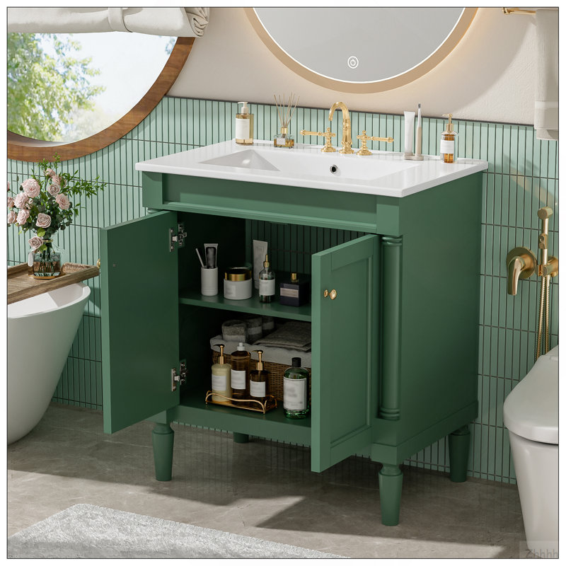 Armoire de meuble-lavabo 30 po avec lavabo en céramique 30 po, armoire de rangement avec portes à fermeture douce et pieds en bois massif