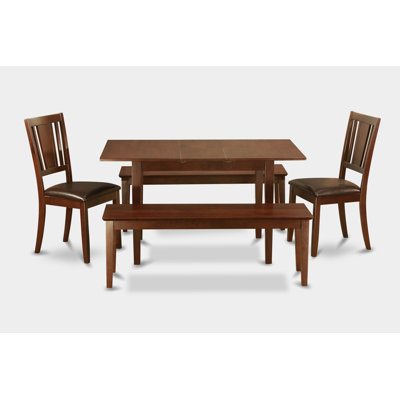 5 Piece Dining Set Includes a Rectangle Dining Room Table with Butterfly Leaf and 2 Faux Leather Kitchen Chairs with 2 Benches, Mahogany