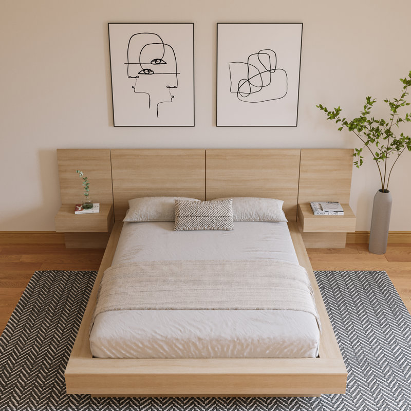 Kaenen 3 Piece Bedroom Set with Bed & 2 Floating Nightstands, Beige, King