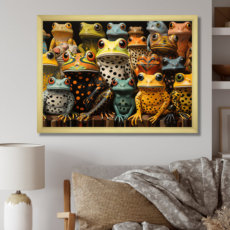 «Multicolor Pop Art Frogs I», reproduction d'art sur toile, H 16 po x l 32 po x P 1 po, Cadre doré simple