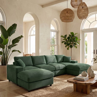 Dovari 6-Person Modern Minimalist Corduroy Sectional Sofa with Two Ottomans and Toss Pillows