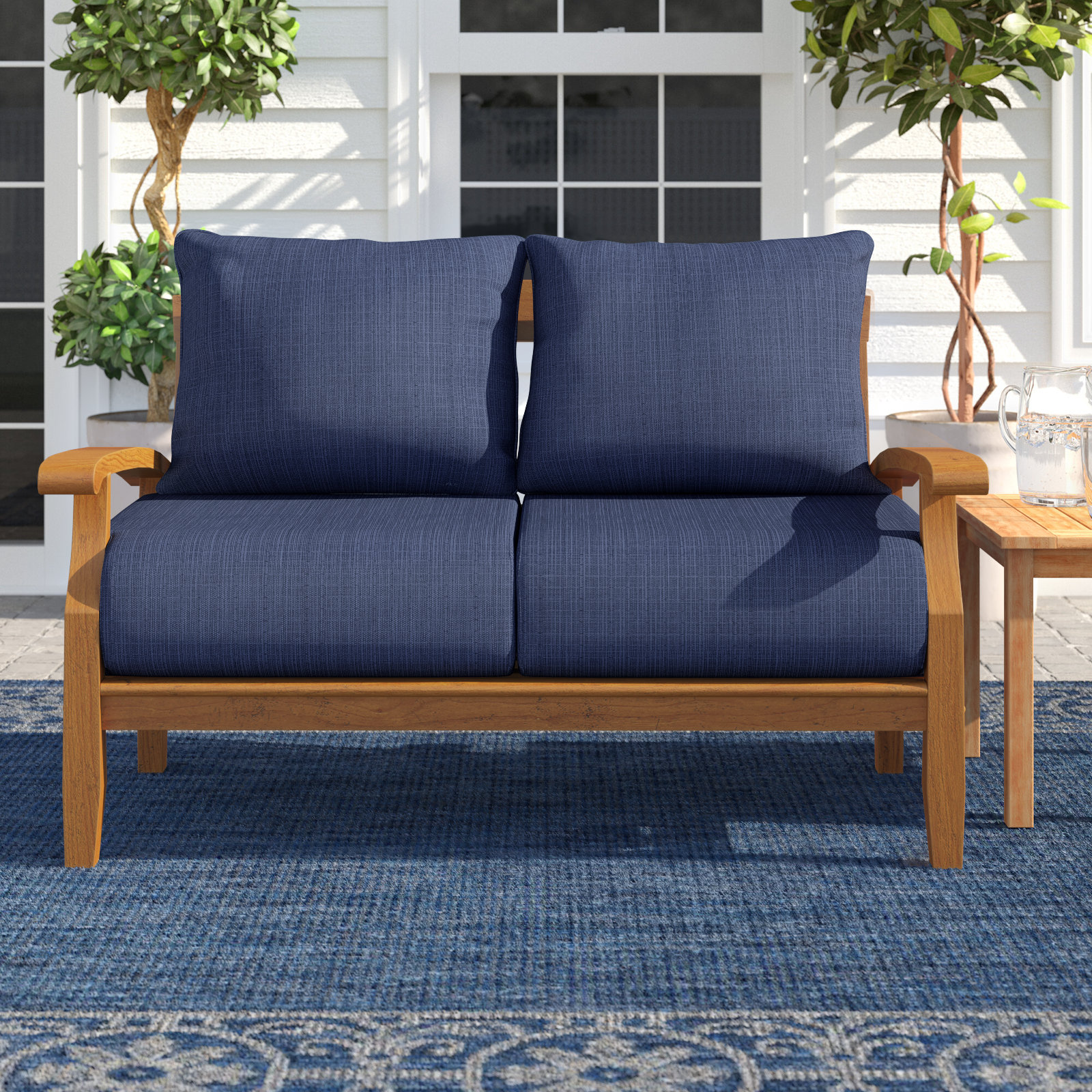Summerton 54" Teak Patio Loveseat, Navy Performance Olefin, Natural
