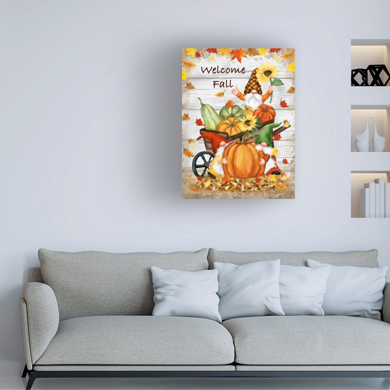 Art sur toile, gnomes avec des citrouilles, H 14 po x l 19 po