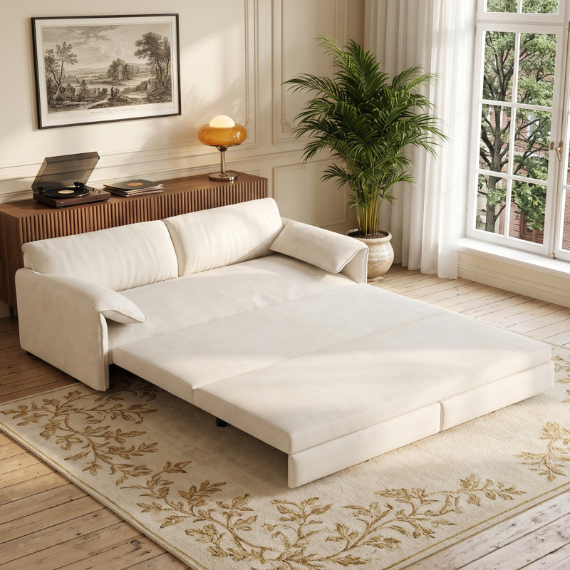 66.1" W Convertible Sofa Bed 3-in-1 Velvet Pull Out Couch Loveseat Queen Size Sleeper With Side Pocket, Beige Velvet