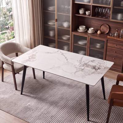 White Sintered Stone Dining Table, Black Tapered Legs, Easy-Clean