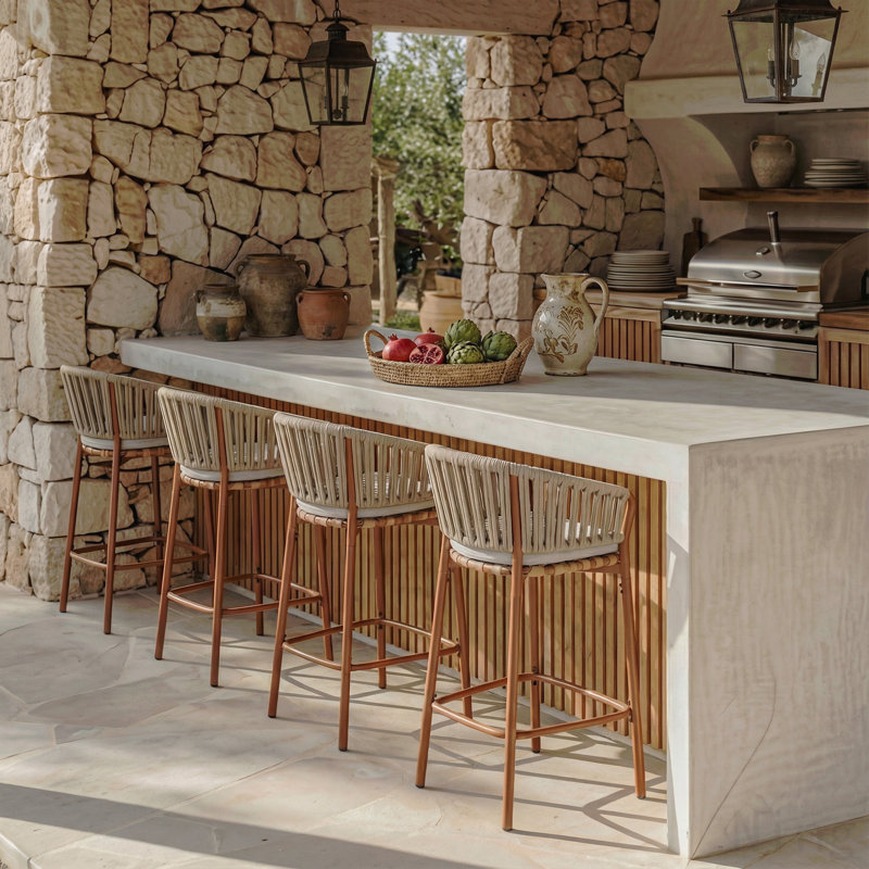 Tabouret de bar d'extérieur en corde de métal, structure au fini teck et coussin beige, ensemble de 4