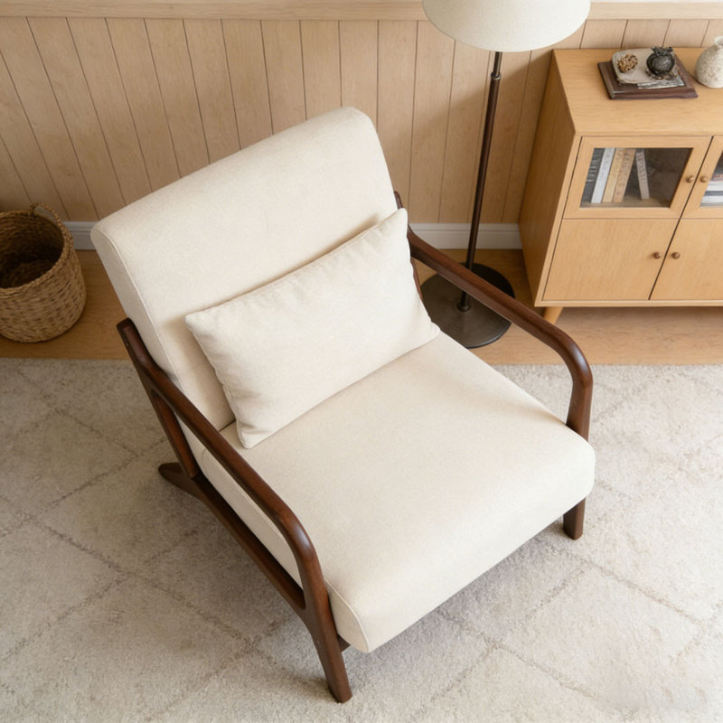 Chaise d'appoint moderne avec structure en bois, Lin de coton, Blanc