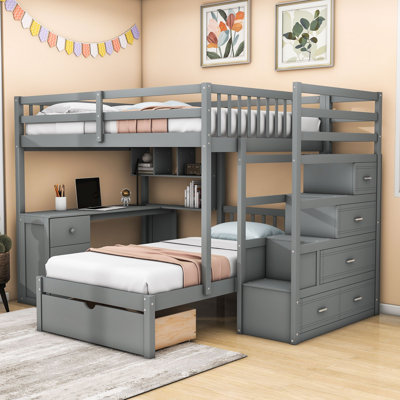 Lit superposé double au-dessus de 8 tiroirs double en bois avec bureau intégré et tablettes