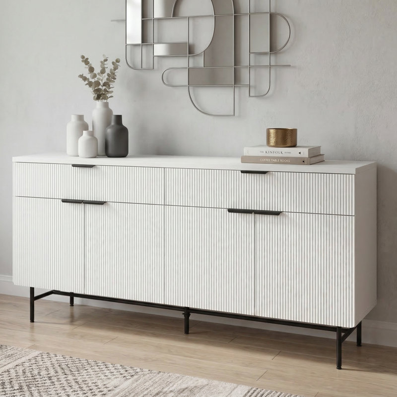 69" Fluted Sideboard Buffet Cabinet With 2 Drawers & 4 Doors, Soft-Close Hinges, Modern Storage Cabinet, Black/White