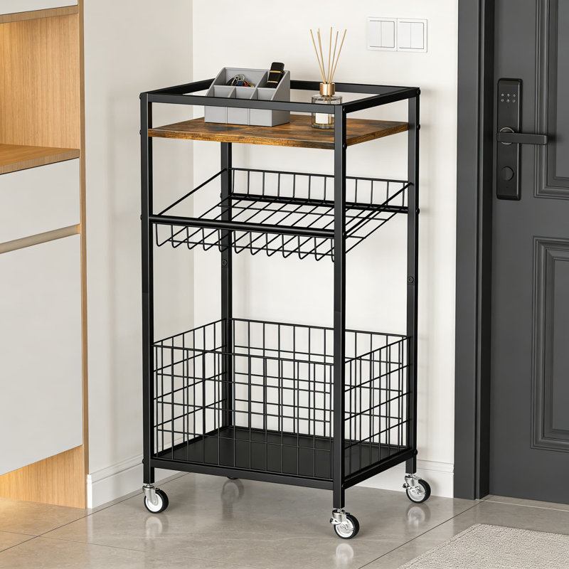 Chariot de cuisine à 3 niveaux avec plateau en bois et roulettes verrouillables, organisateur de rangement à plusieurs niveaux pour les fruits, légumes, collations et garde-manger