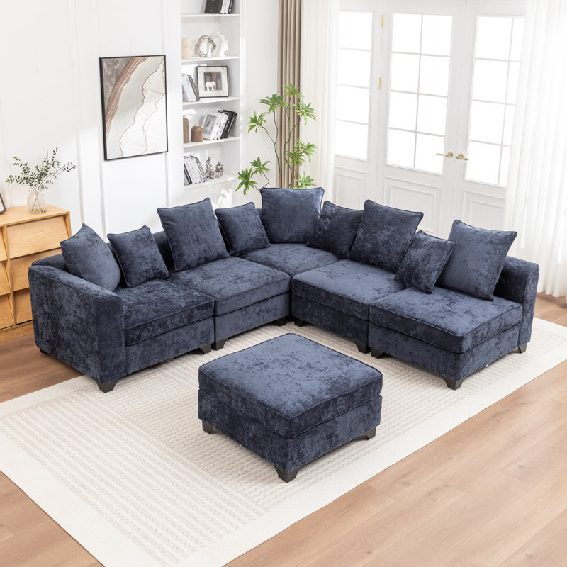 Canapé modulaire en L 6 pièces Bennett, Chenille bleu