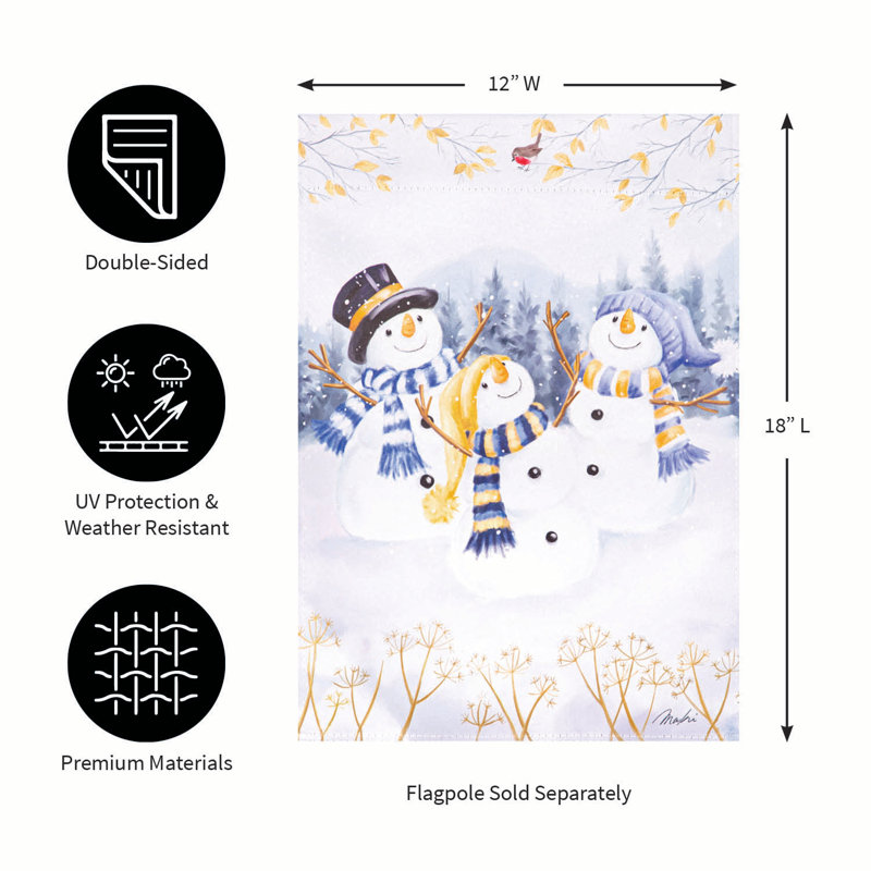 Trio de joyeux bonhommes de neige avec drapeau de jardin