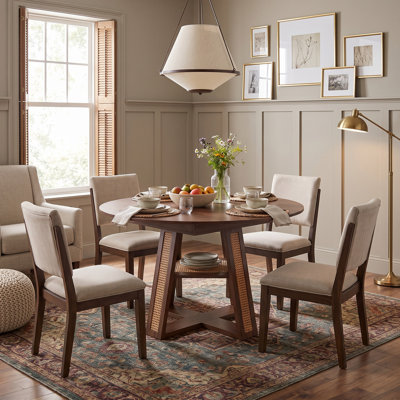 Extendable Round Dining Table for 4 - 6, 43.3" - 59" Walnut-Finished Table with Removable Leaf, Cross Base & Open Shelf