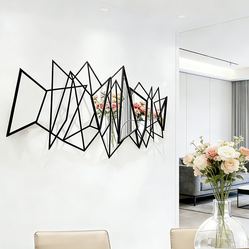 Geometric Entryway Mirror Metal Wall Decor, 3D Metal Wall Art Mirror for Living Room Wall Hanging 3D Wall Sculptures Artwork
