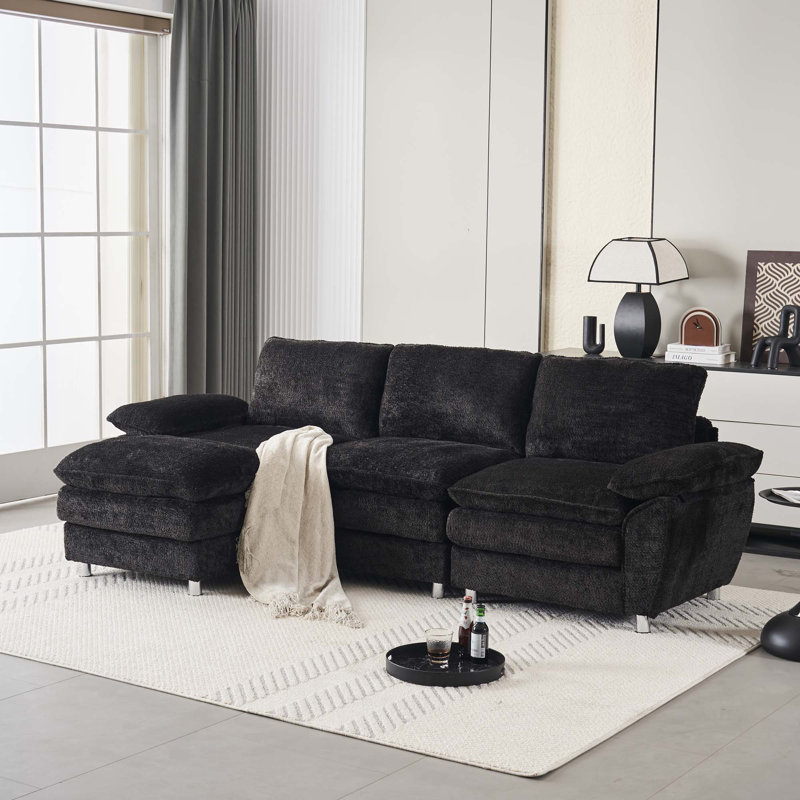 Canapé moderne à 3 places avec repose-pieds, Noir