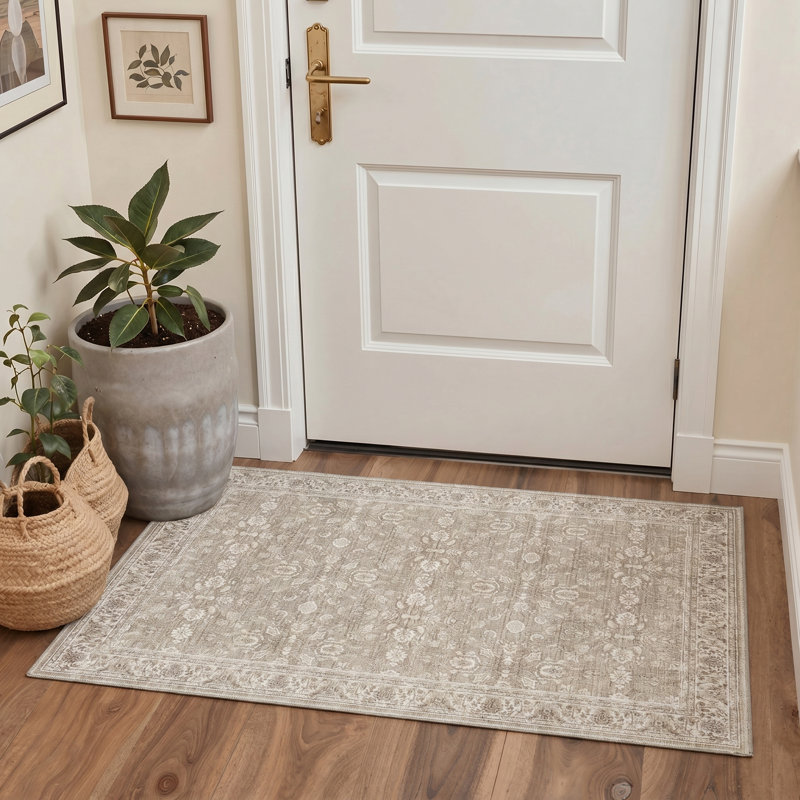 Abrahamson Vintage Floral Machine Washable Beige / White Indoor Area Rug with Non-Slip Backing, Rectangle 6' x 9'