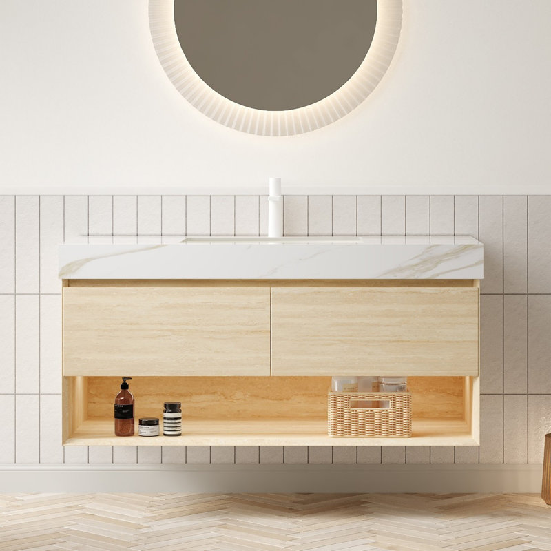 Meuble-lavabo de salle de bain, armoire de rangement flottante, tiroirs et tablette, pré-assemblé