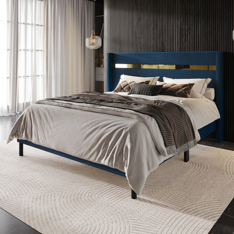  Velvet Platform Wingback Bed , Twin, Navy Blue