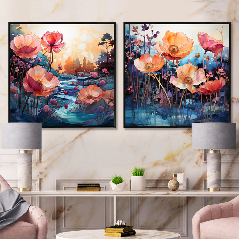 Floral, encre à l'alcool, paysage - ensemble de 2 collages carrés abstraits, Cadre flottant noir, H 16 po x l 33 po
