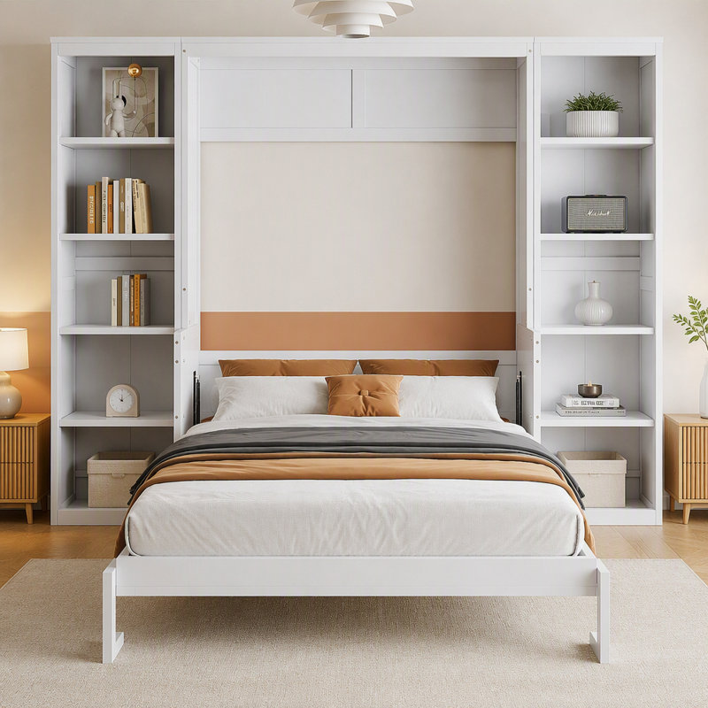 Full Size Murphy Bed with Desk and Bookshelf, White