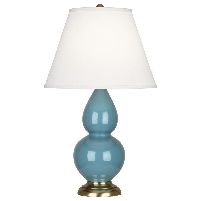 Small Double Gourd Ceramic Table Lamp, Steel Blue/Antique Brass