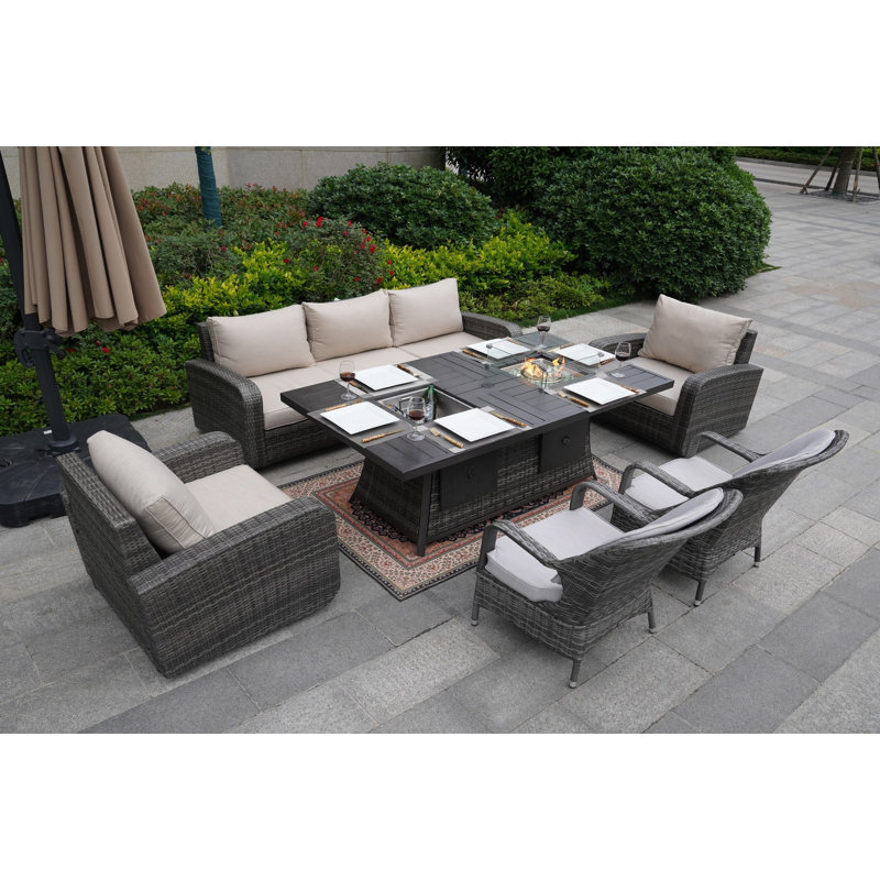 Ensemble de conversation en osier / rotin pour 7 personnes avec coussins Aliaksey, Gris